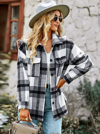 Plaid Jackets- Plaid Wool Drop Shoulder Shirt Jacket- - Pekosa Women Clothing