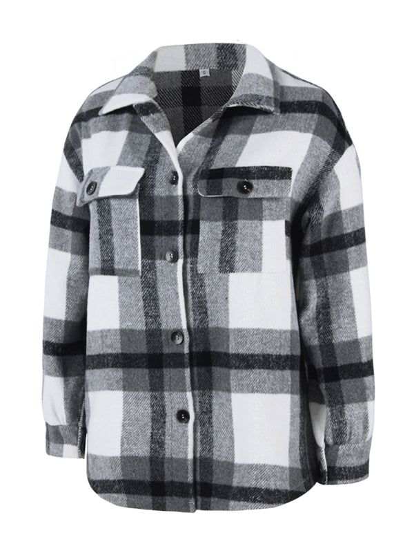 Plaid Jackets- Plaid Wool Drop Shoulder Shirt Jacket- - Pekosa Women Clothing