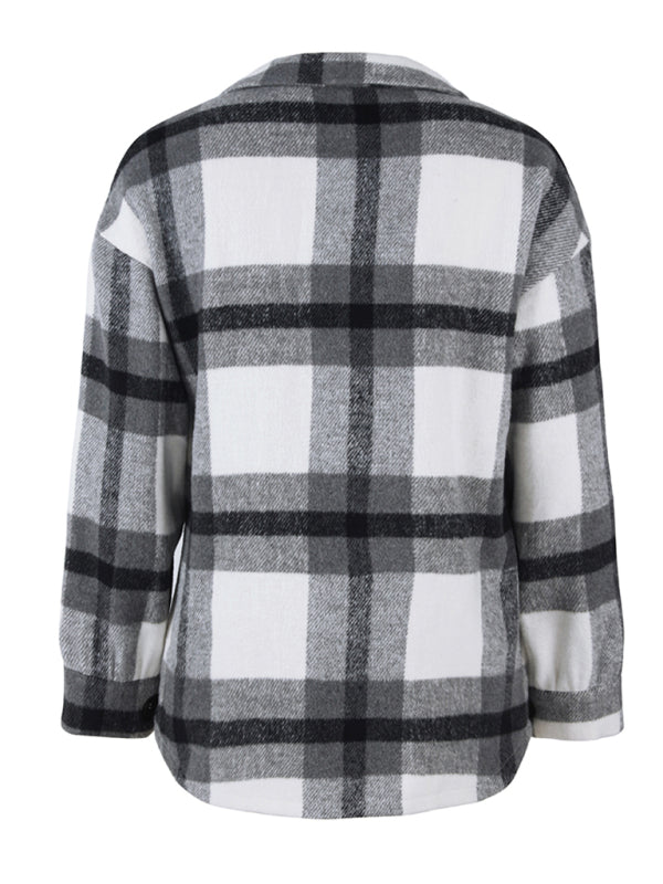 Plaid Jackets- Plaid Wool Drop Shoulder Shirt Jacket- - Pekosa Women Clothing