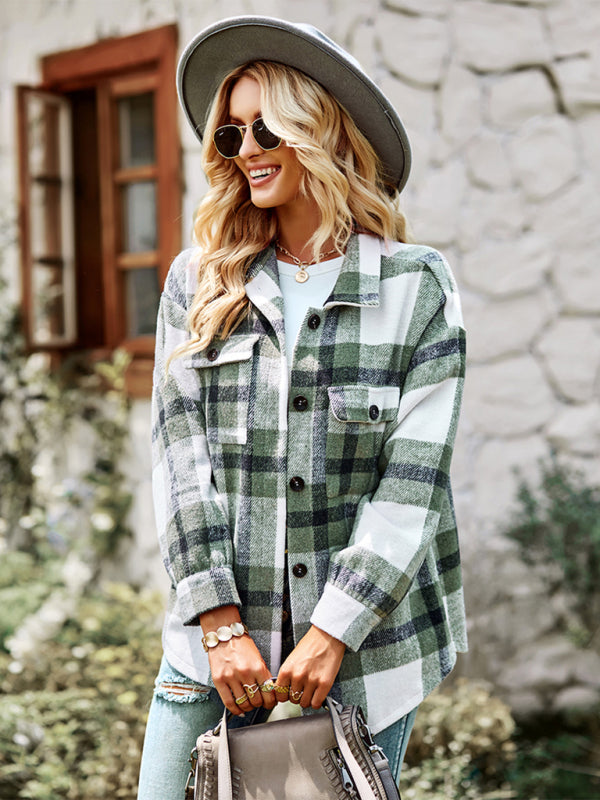 Plaid Jackets- Plaid Wool Drop Shoulder Shirt Jacket- - Pekosa Women Clothing