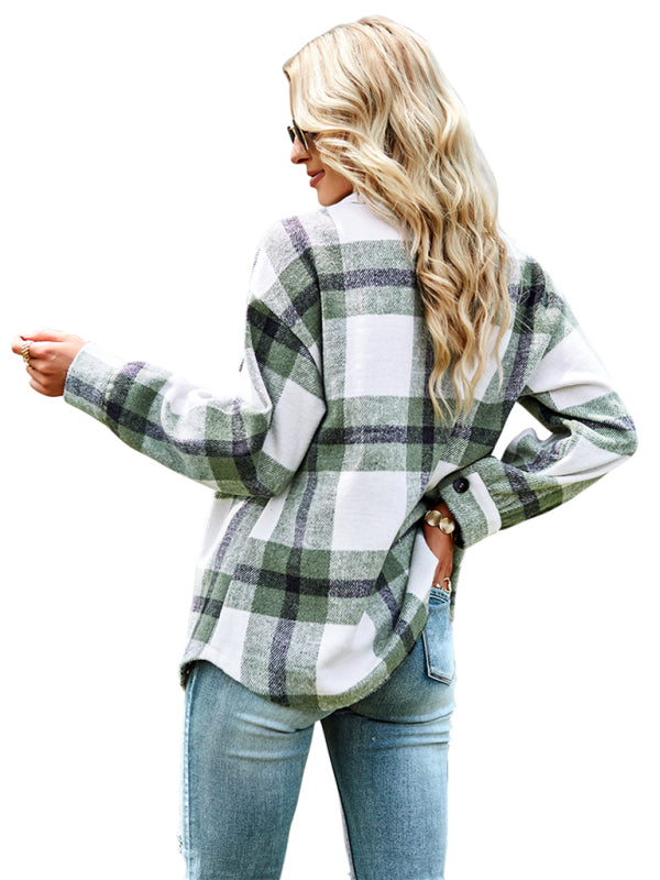 Plaid Jackets- Plaid Wool Drop Shoulder Shirt Jacket- - Pekosa Women Clothing