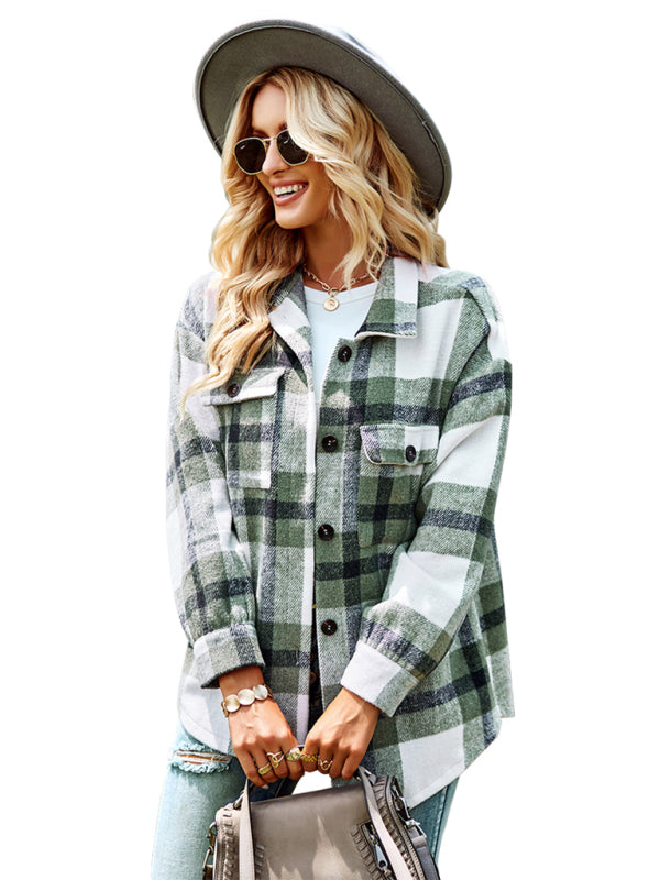 Plaid Jackets- Plaid Wool Drop Shoulder Shirt Jacket- - Pekosa Women Clothing