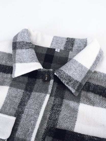 Plaid Jackets- Plaid Wool Drop Shoulder Shirt Jacket- - Pekosa Women Clothing