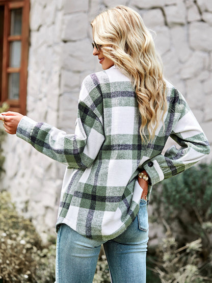 Plaid Jackets- Plaid Wool Drop Shoulder Shirt Jacket- - Pekosa Women Clothing