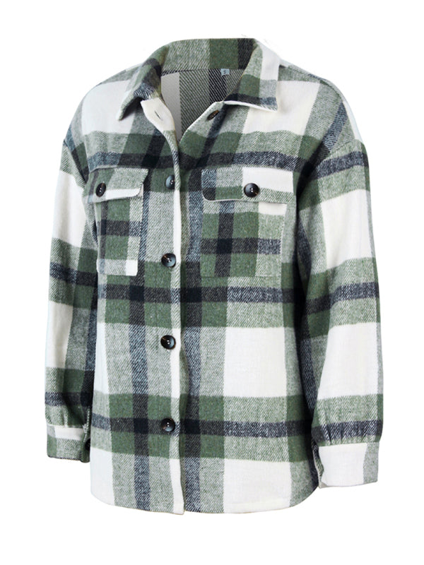 Plaid Jackets- Plaid Wool Drop Shoulder Shirt Jacket- - Pekosa Women Clothing