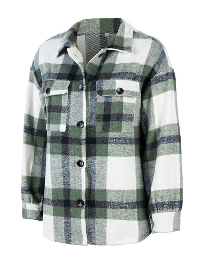 Plaid Jackets- Plaid Wool Drop Shoulder Shirt Jacket- - Pekosa Women Clothing