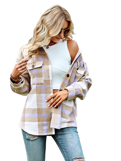 Plaid Jackets- Plaid Wool Drop Shoulder Shirt Jacket- - Pekosa Women Clothing