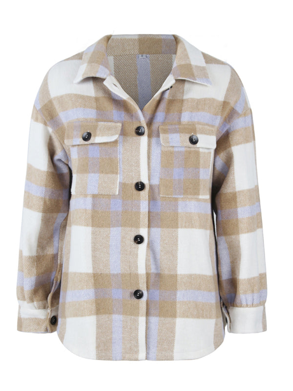 Plaid Jackets- Plaid Wool Drop Shoulder Shirt Jacket- - Pekosa Women Clothing