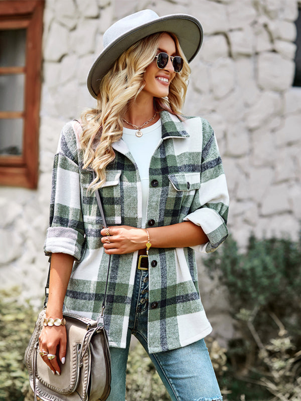 Plaid Jackets- Plaid Wool Drop Shoulder Shirt Jacket- - Pekosa Women Clothing