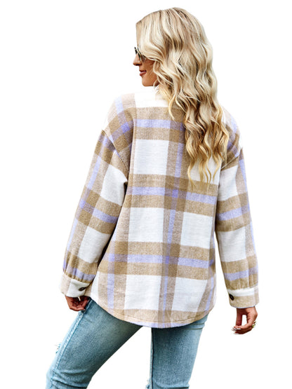 Plaid Jackets- Plaid Wool Drop Shoulder Shirt Jacket- - Pekosa Women Clothing