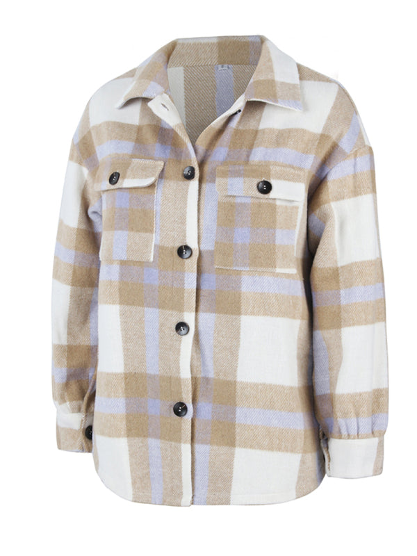 Plaid Jackets- Plaid Wool Drop Shoulder Shirt Jacket- - Pekosa Women Clothing