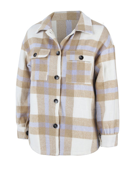 Plaid Jackets- Plaid Wool Drop Shoulder Shirt Jacket- - Pekosa Women Clothing