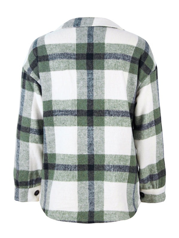 Plaid Jackets- Plaid Wool Drop Shoulder Shirt Jacket- - Pekosa Women Clothing