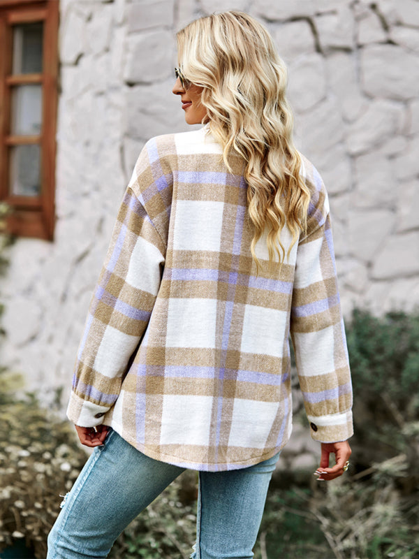 Plaid Jackets- Plaid Wool Drop Shoulder Shirt Jacket- - Pekosa Women Clothing