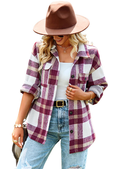 Plaid Jackets- Plaid Wool Drop Shoulder Shirt Jacket- - Pekosa Women Clothing