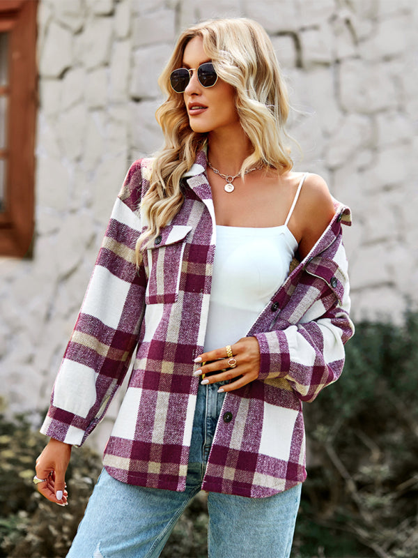 Plaid Jackets- Plaid Wool Drop Shoulder Shirt Jacket- Red- Pekosa Women Clothing