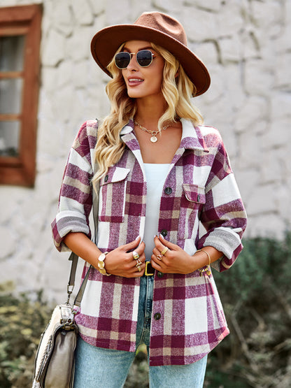 Plaid Jackets- Plaid Wool Drop Shoulder Shirt Jacket- - Pekosa Women Clothing