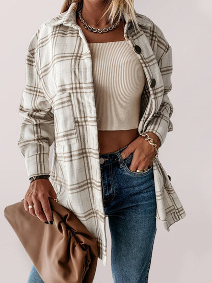 Plaid Jackets- Tan Plaid Cotton Mid Length Shirt Jacket- Cream- Pekosa Women Clothing