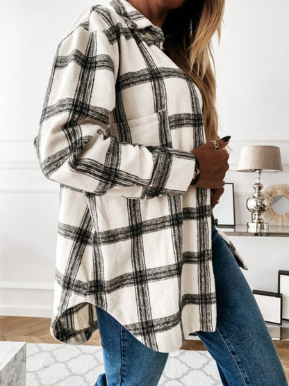 Plaid Jackets- Tan Plaid Cotton Mid Length Shirt Jacket- - Pekosa Women Clothing