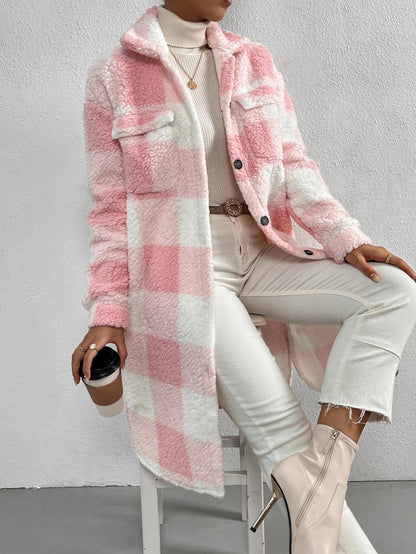 Plaid Plush Jackets- Faux Fur Plaid Longline Coat Jacket- Pink- Pekosa Women Clothing