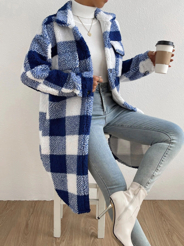 Plaid Plush Jackets- Faux Fur Plaid Longline Coat Jacket- Blue- Pekosa Women Clothing