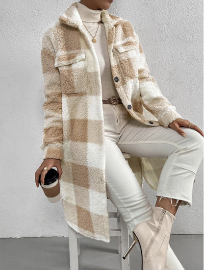 Plaid Plush Jackets- Faux Fur Plaid Longline Coat Jacket- Cracker khaki- Pekosa Women Clothing