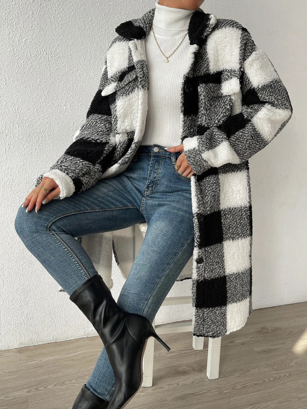 Plaid Plush Jackets- Faux Fur Plaid Longline Coat Jacket- Black- Pekosa Women Clothing