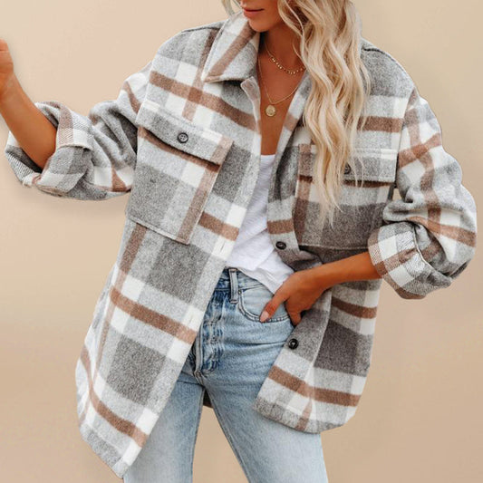 Plaid Shackets- Oversized Plaid Jacket with Big Flap Pockets- Khaki plaid- Pekosa Women Clothing