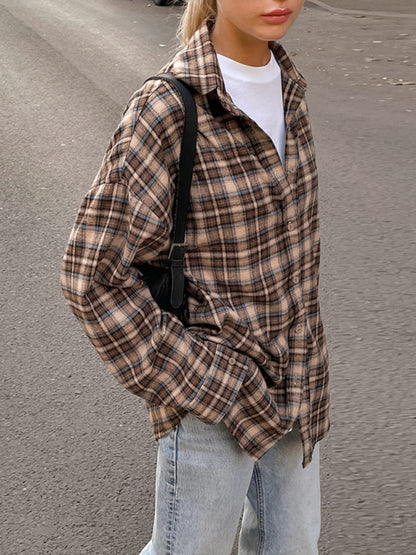 Plaid Shirts- Fall Cotton Blend Plaid Shacket in Vintage Tan - Mid-Length Shirt- Khaki- Pekosa Women Clothing