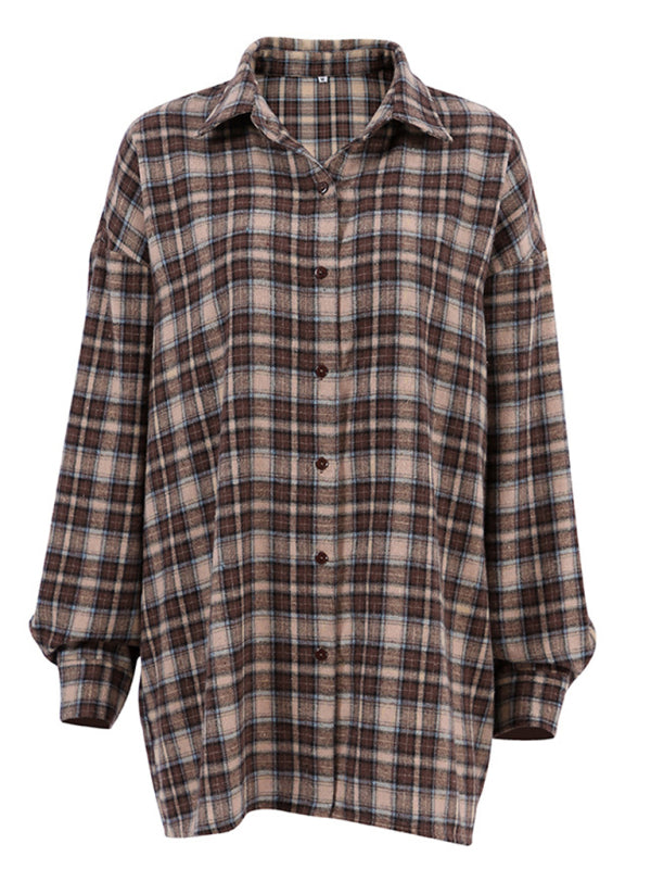 Plaid Shirts- Fall Cotton Blend Plaid Shacket in Vintage Tan - Mid-Length Shirt- - Pekosa Women Clothing