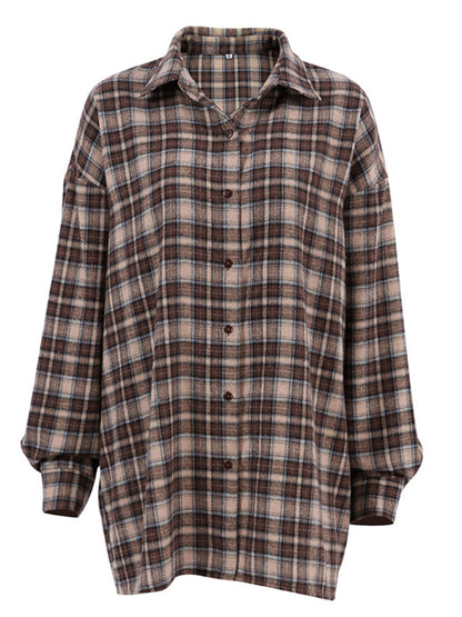 Plaid Shirts- Fall Cotton Blend Plaid Shacket in Vintage Tan - Mid-Length Shirt- - Pekosa Women Clothing