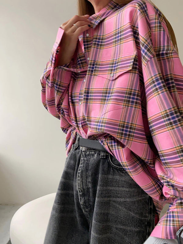 Plaid Shirts- Mid-Length Vintage Plaid Shacket Shirt- - Pekosa Women Clothing