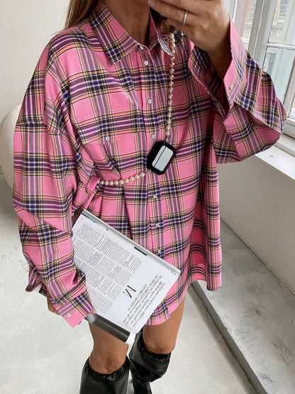 Plaid Shirts- Mid-Length Vintage Plaid Shacket Shirt- - Pekosa Women Clothing