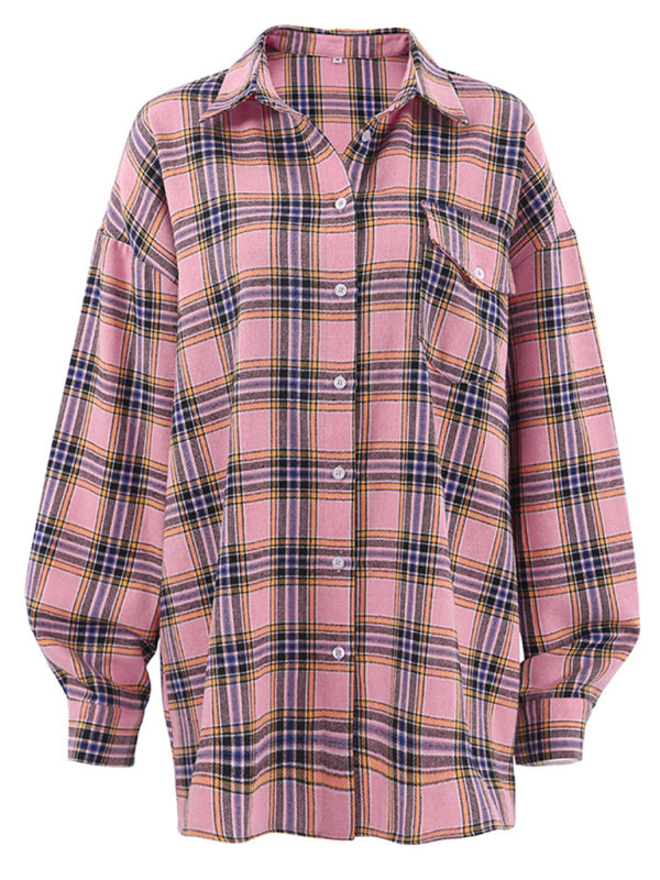 Plaid Shirts- Mid-Length Vintage Plaid Shacket Shirt- - Pekosa Women Clothing