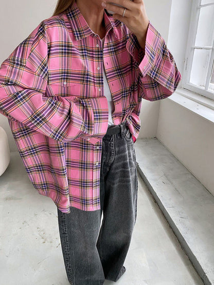 Plaid Shirts- Mid-Length Vintage Plaid Shacket Shirt- - Pekosa Women Clothing