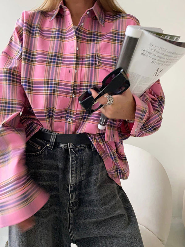 Plaid Shirts- Mid-Length Vintage Plaid Shacket Shirt- - Pekosa Women Clothing