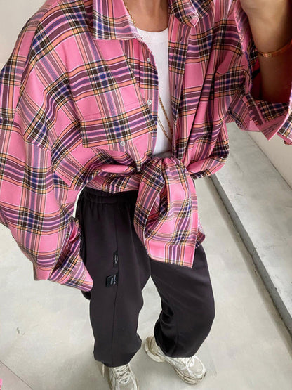 Plaid Shirts- Mid-Length Vintage Plaid Shacket Shirt- Pink- Pekosa Women Clothing