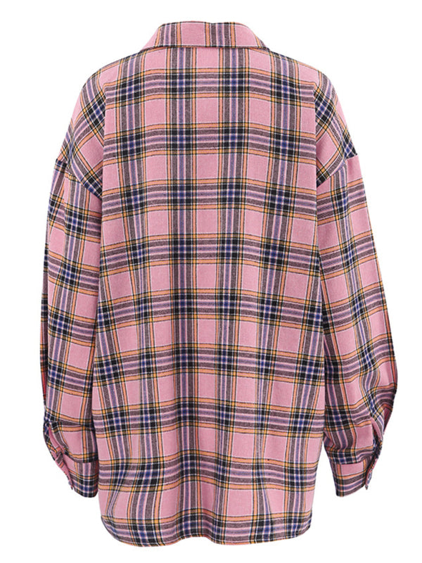 Plaid Shirts- Mid-Length Vintage Plaid Shacket Shirt- - Pekosa Women Clothing