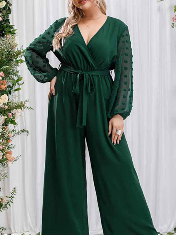 Playsuits- Elegant Full-Length Surplice V-Neck Jumpsuit - Belted Wide-Length Playsuit- Green- Pekosa Women Fashion