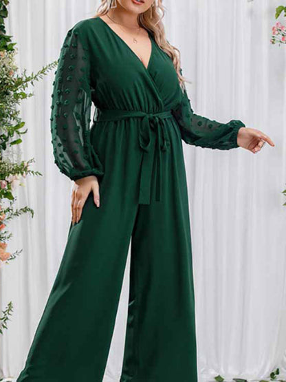 Playsuits- Elegant Full-Length Surplice V-Neck Jumpsuit - Belted Wide-Length Playsuit- - Pekosa Women Fashion