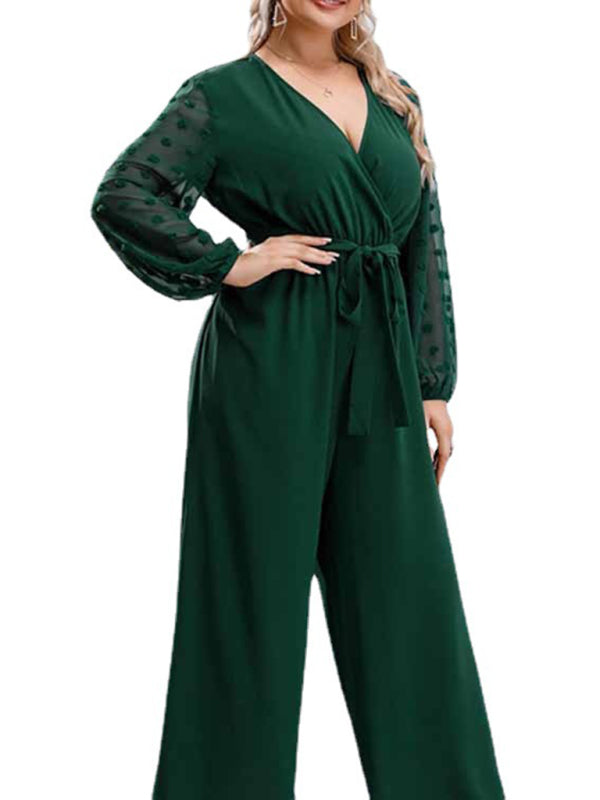 Playsuits- Elegant Full-Length Surplice V-Neck Jumpsuit - Belted Wide-Length Playsuit- - Pekosa Women Fashion