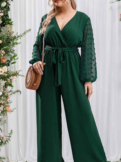 Playsuits- Elegant Full-Length Surplice V-Neck Jumpsuit - Belted Wide-Length Playsuit- - Pekosa Women Fashion