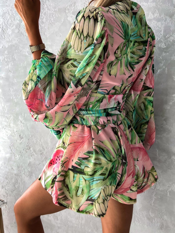 Playsuits- Floral Print Balloon Sleeve Belted Short Playsuit - Surplice Wide-Leg Romper- - Pekosa Women Clothing