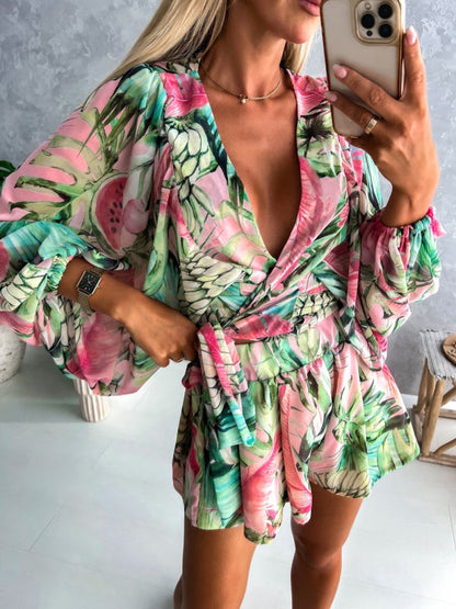 Playsuits- Floral Print Balloon Sleeve Belted Short Playsuit - Surplice Wide-Leg Romper- - Pekosa Women Clothing