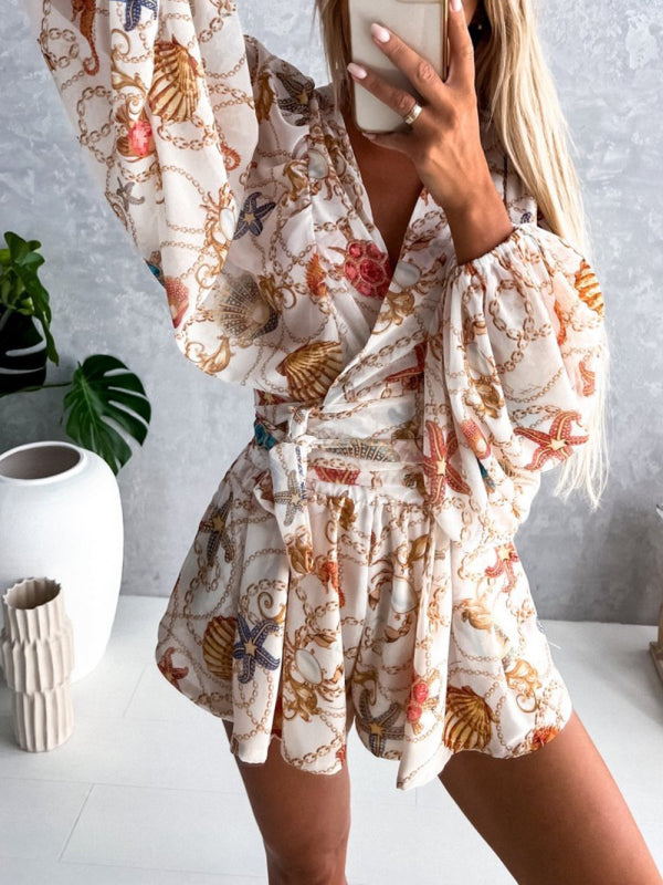 Playsuits- Floral Print Balloon Sleeve Belted Short Playsuit - Surplice Wide-Leg Romper- - Pekosa Women Clothing