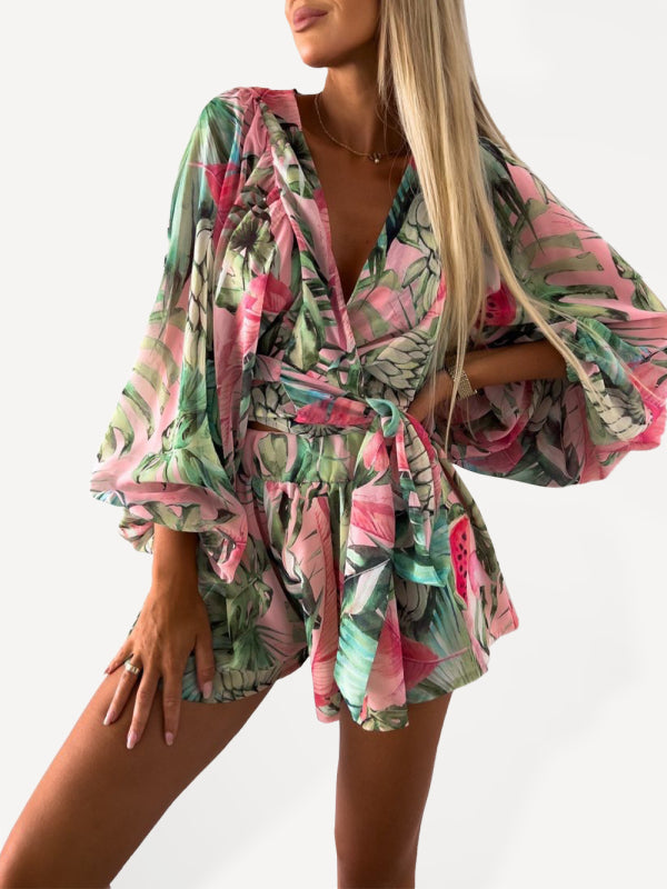 Playsuits- Floral Print Balloon Sleeve Belted Short Playsuit - Surplice Wide-Leg Romper- Green- Pekosa Women Clothing