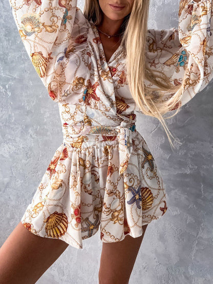 Playsuits- Floral Print Balloon Sleeve Belted Short Playsuit - Surplice Wide-Leg Romper- - Pekosa Women Clothing