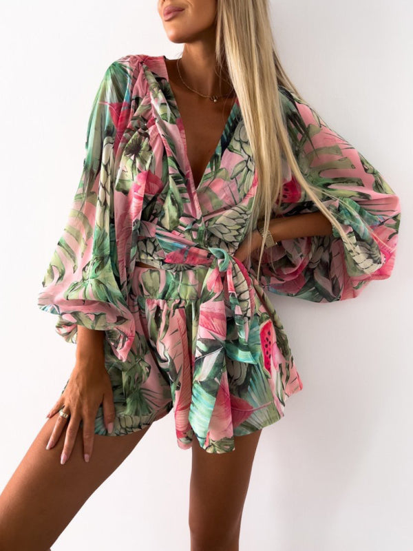 Playsuits- Floral Print Balloon Sleeve Belted Short Playsuit - Surplice Wide-Leg Romper- - Pekosa Women Clothing