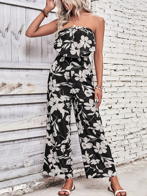 Playsuits- Floral Wide-Leg Strapless Jumpsuit | Tube Top Pantsuit- Black- Pekosa Women Clothing