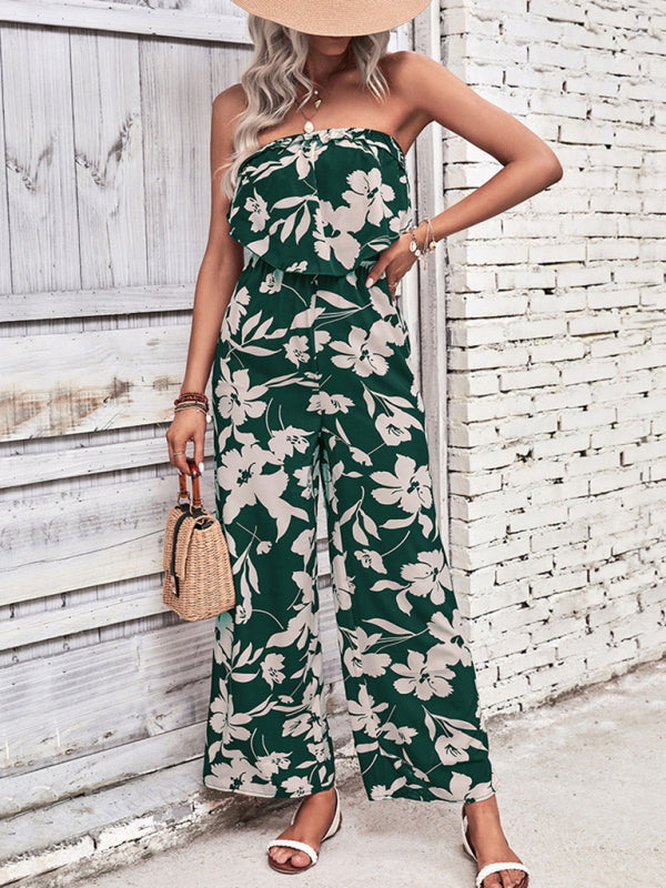 Playsuits- Floral Wide-Leg Strapless Jumpsuit | Tube Top Pantsuit- - Pekosa Women Clothing